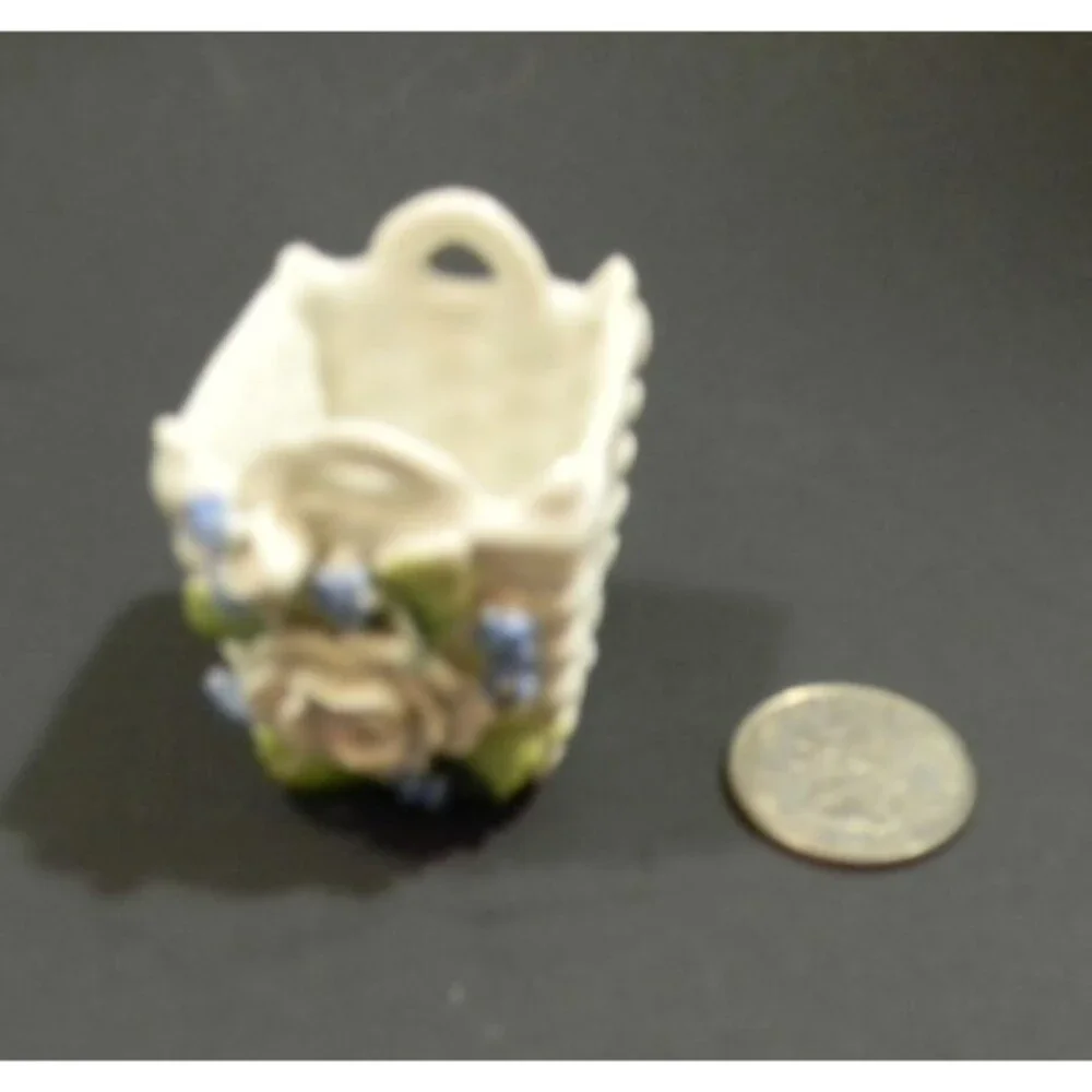 Vintage Mini Porcelain Basket Made In Germany Roses Blue Flowers